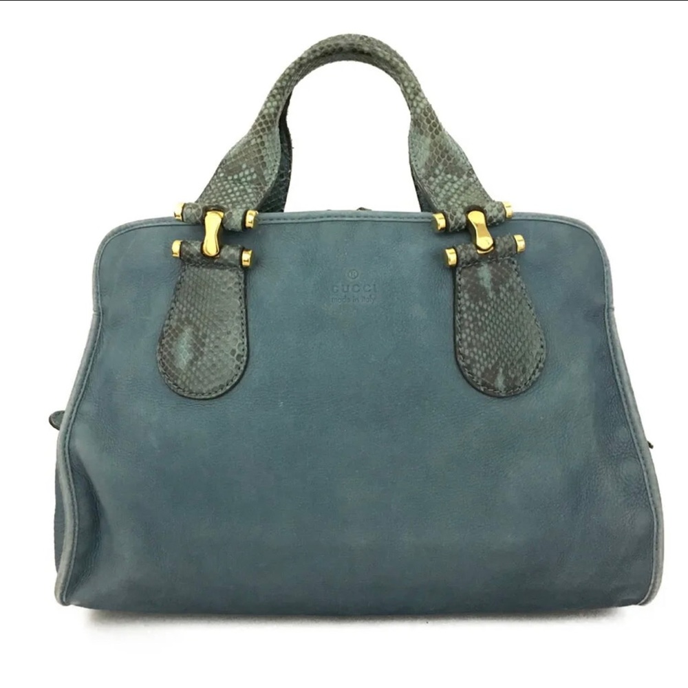 Authentic GUCCI Blue/Green Nubuck Leather Tote Satchel Bag